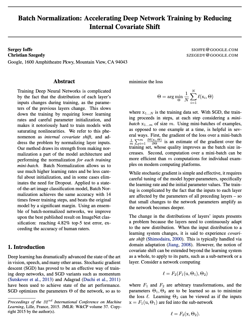 "Screenshot of the first page of the Batch Normalization paper"