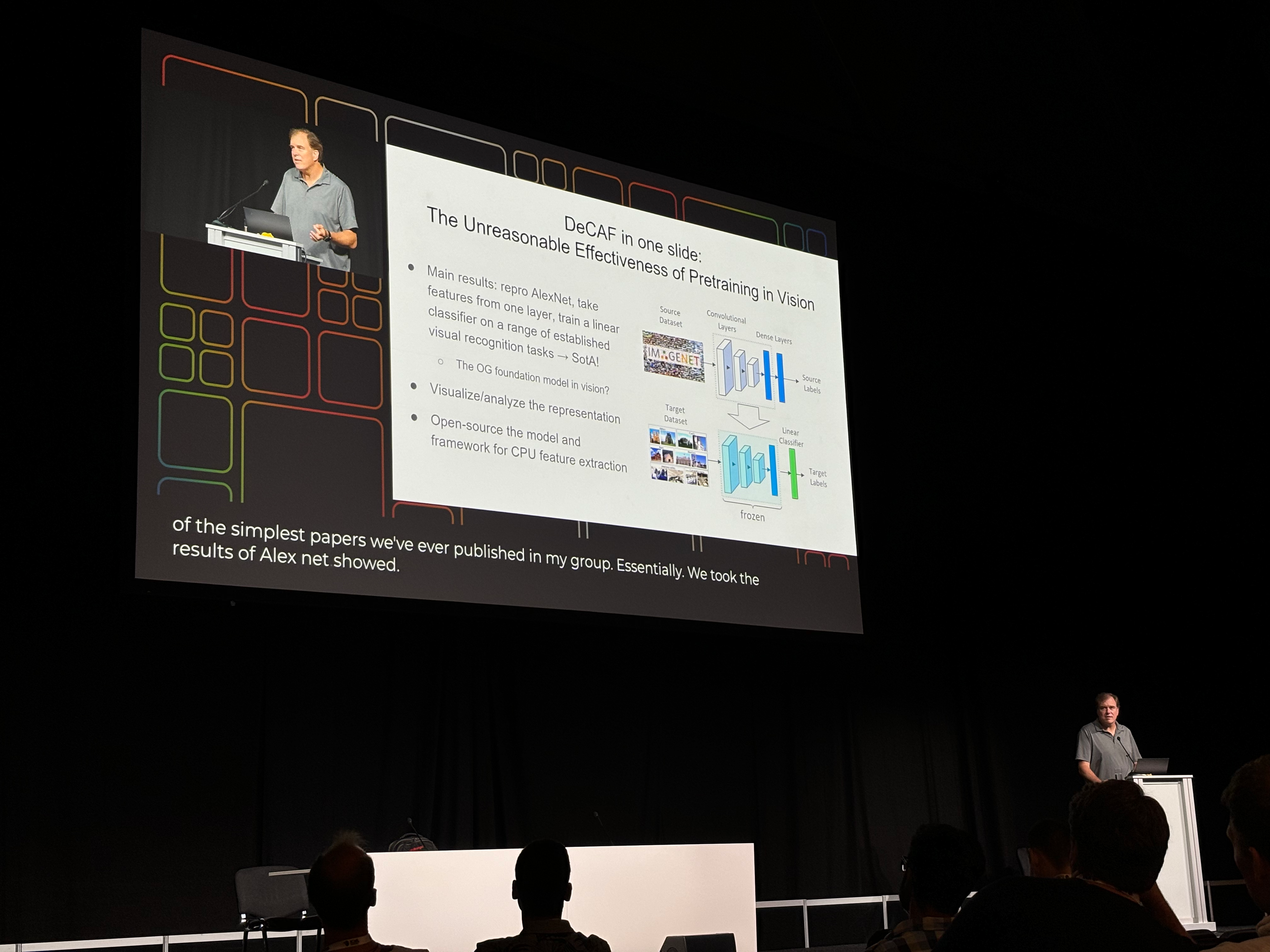 Trevor Darrell presenting a slide titled 'How to Improve the Model with Only Text Feedback' on stage at ICML 2024