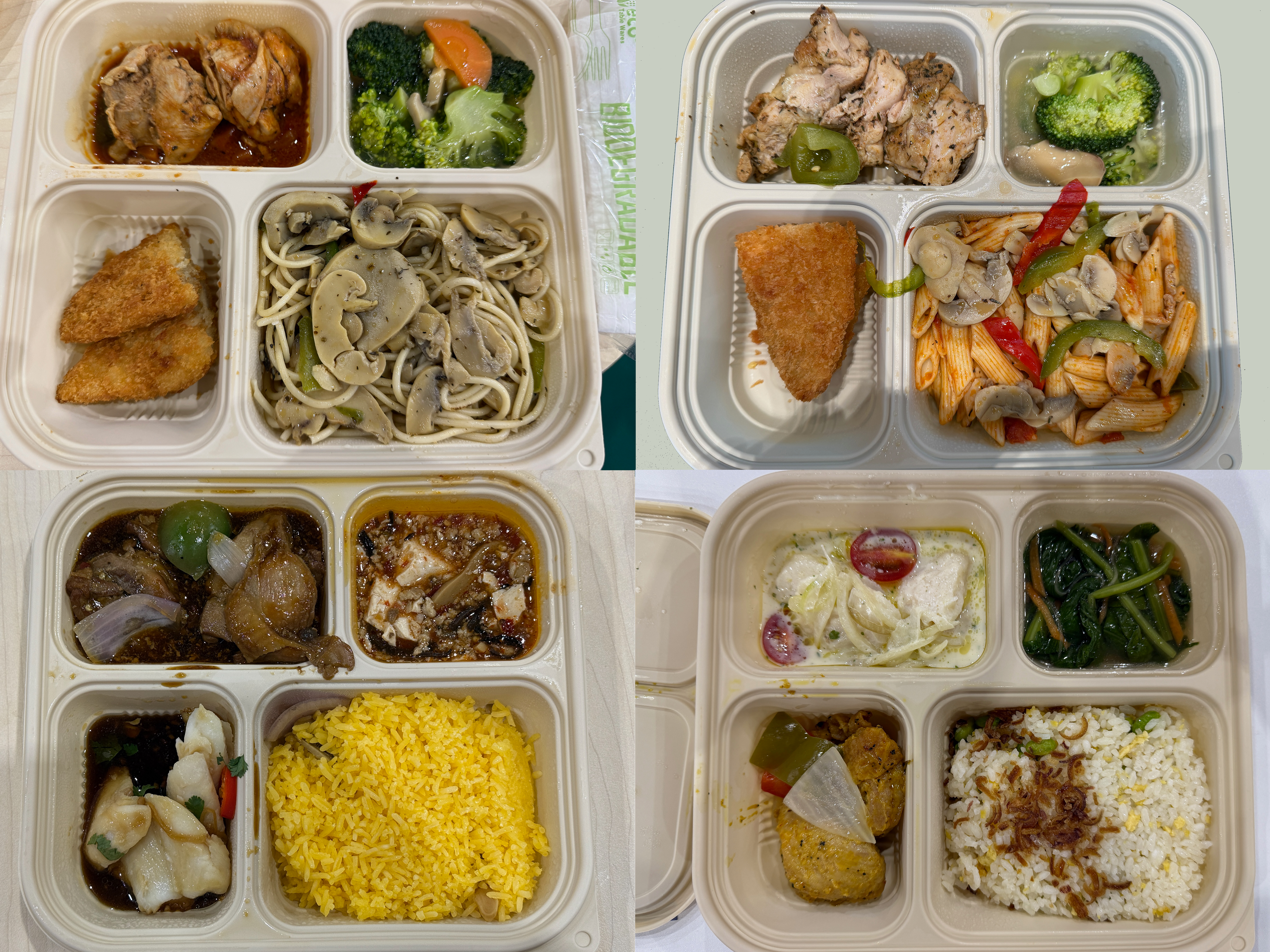 Four tiled photos of plastic lunchboxes, each split into 4 sections. 