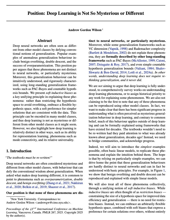 A screenshot of the first page of the paper "Position: Deep Learning is Not So Mysterious or Different"