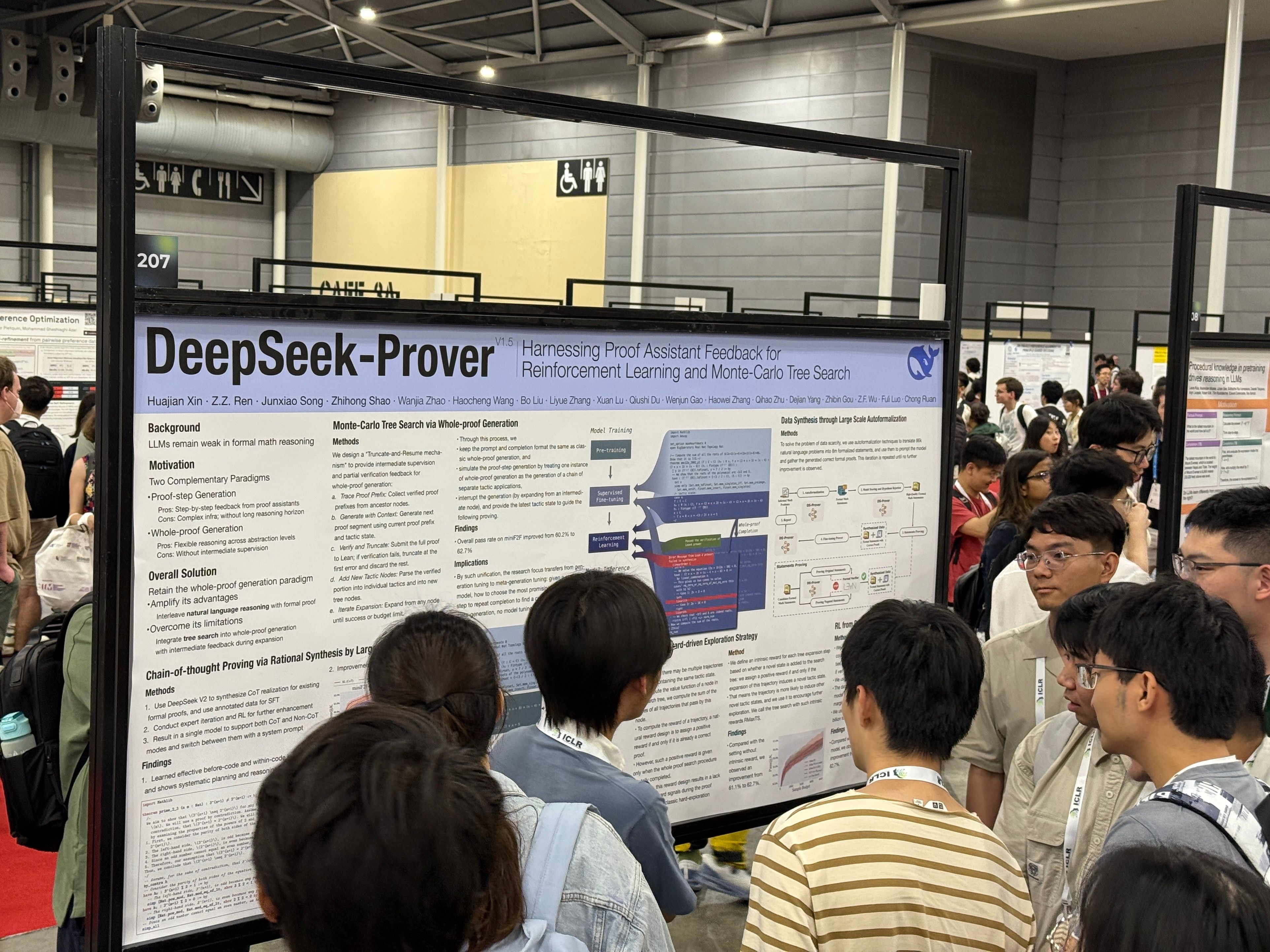 Researchers gather around a poster titled 'DeepSeek-Prover: Harnessing Proof Assistant Feedback for Reinforcement Learning and Monte-Carlo Tree Search'